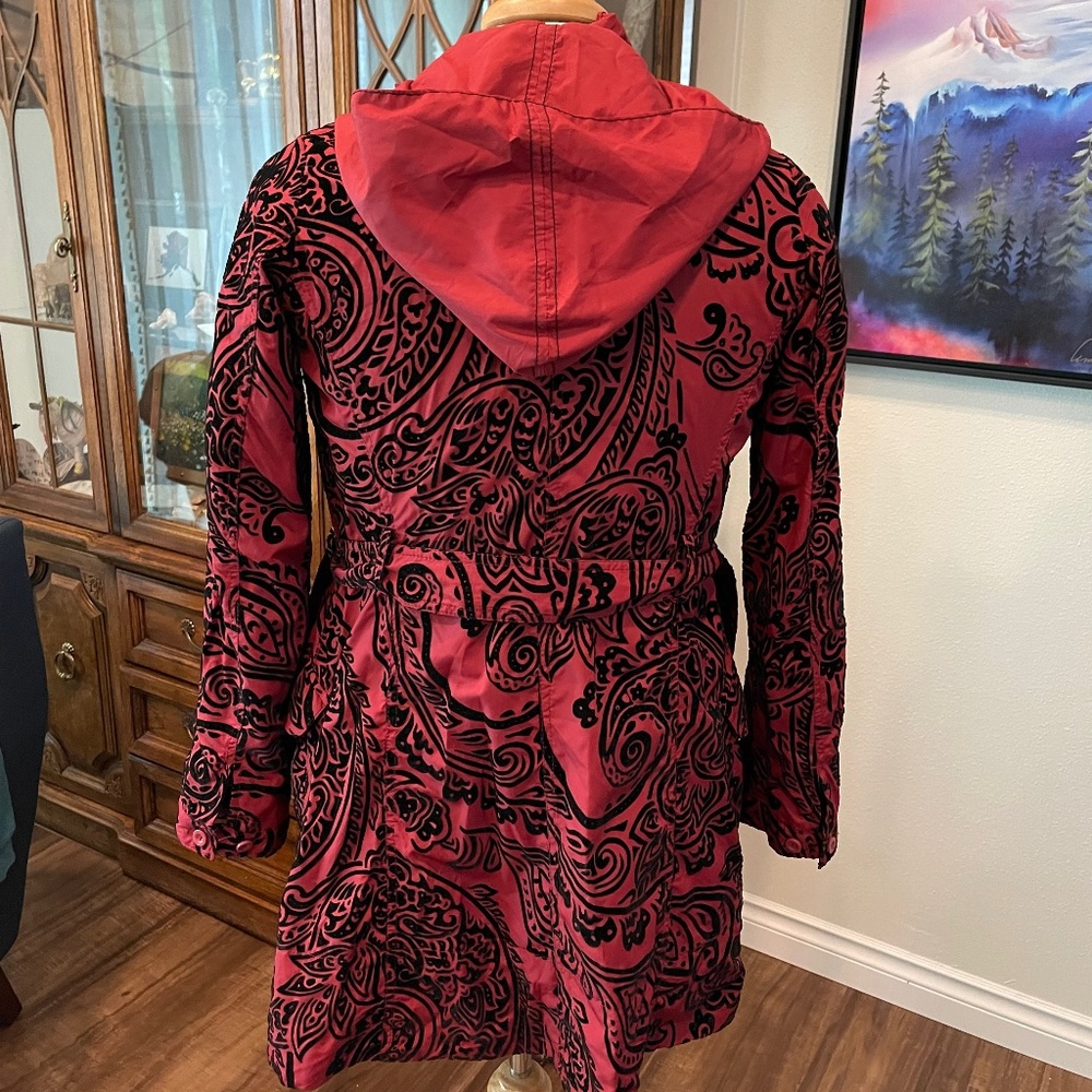 Desigual Red & Black Paisley Hooded Trench Coat